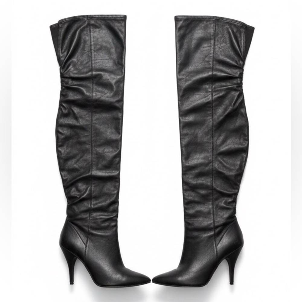 Pleaser Sleek Leather OTK High Heel Boots Black Size 10